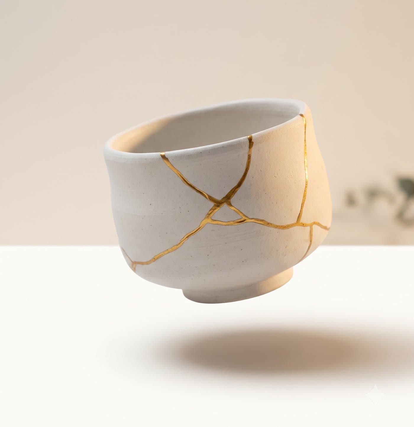 Vasija Kintsugi de arcilla blanca mate con grietas reparadas en oro, flotando sobre fondo alabastro